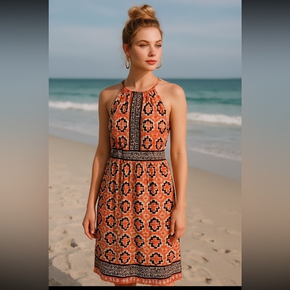 New York & Company Size 4 Women's Medium Halter A Line Coral Patterned Dress. - Picture 2 of 3